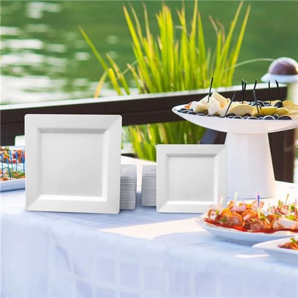White Square Plates Set 10" - 50 count - Premium Hard White Disposable - Picture 2 of 6